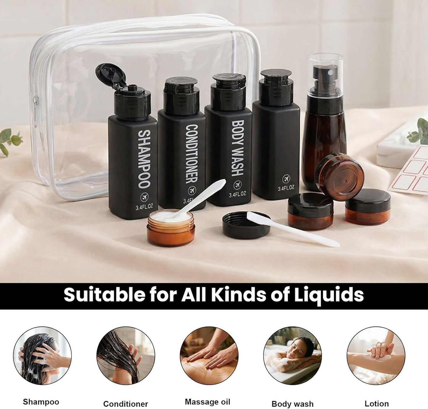Travel Bottles for Toiletries - 14PCS TSA Approved Leak-Proof Containers | 3.4oz Shampoo, Conditioner, Body Wash, 2oz Spray Bottles, Black