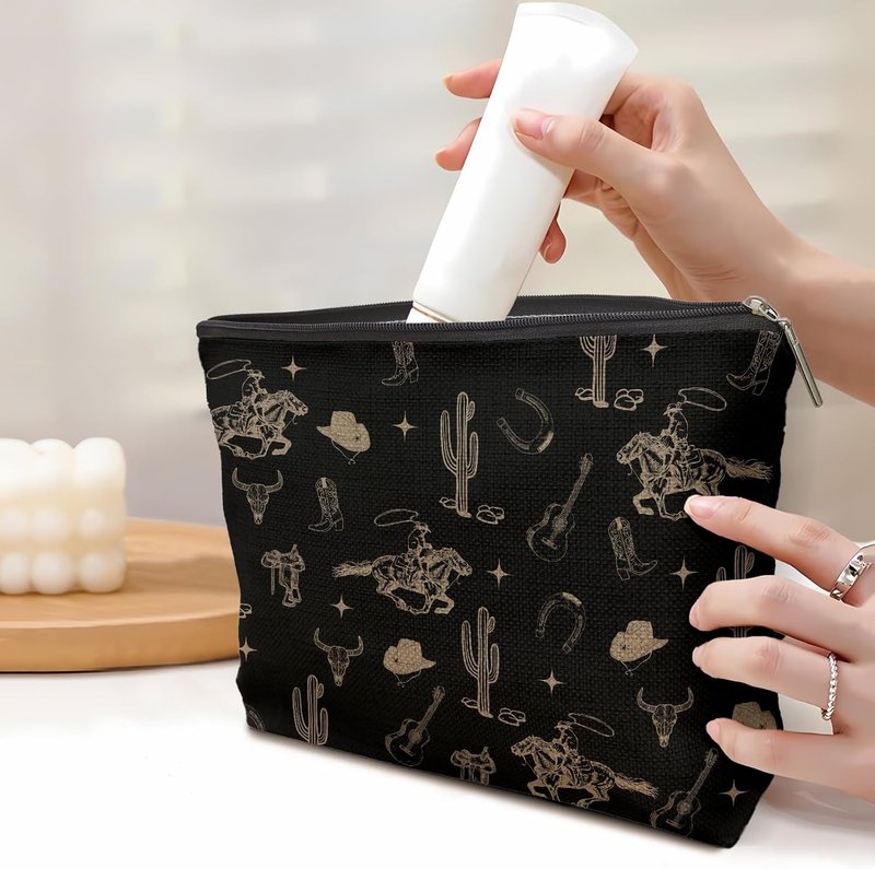 Boho Western Makeup Bag - Rustic Cow Skull & Cactus Design | Vintage Cosmetic Pouch for Women