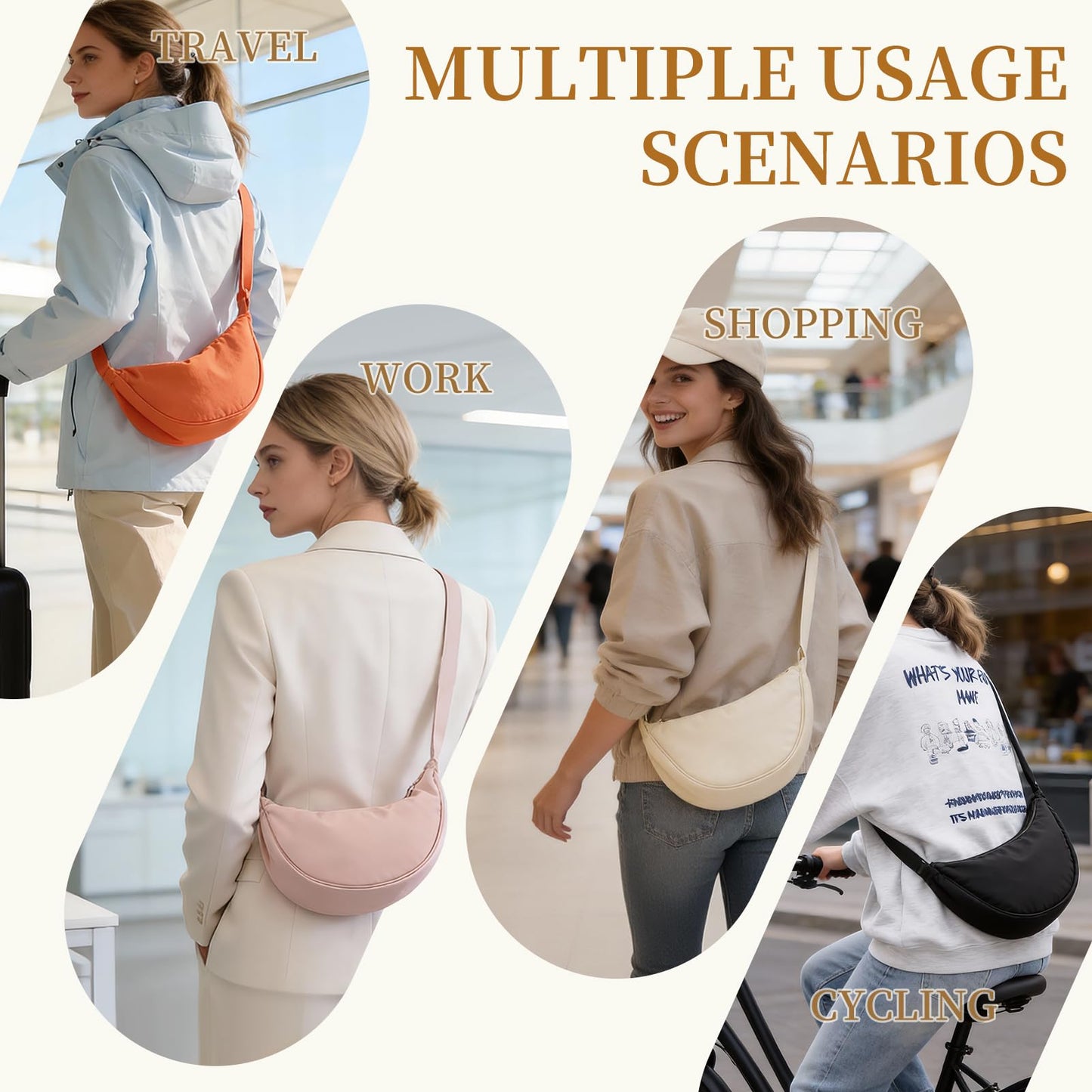 Crossbody Crescent Bag Quilted,Crossbody Bag for Women and Men,Trendy Crossbody Hobo Bag for Work Travel Shopping,Beige