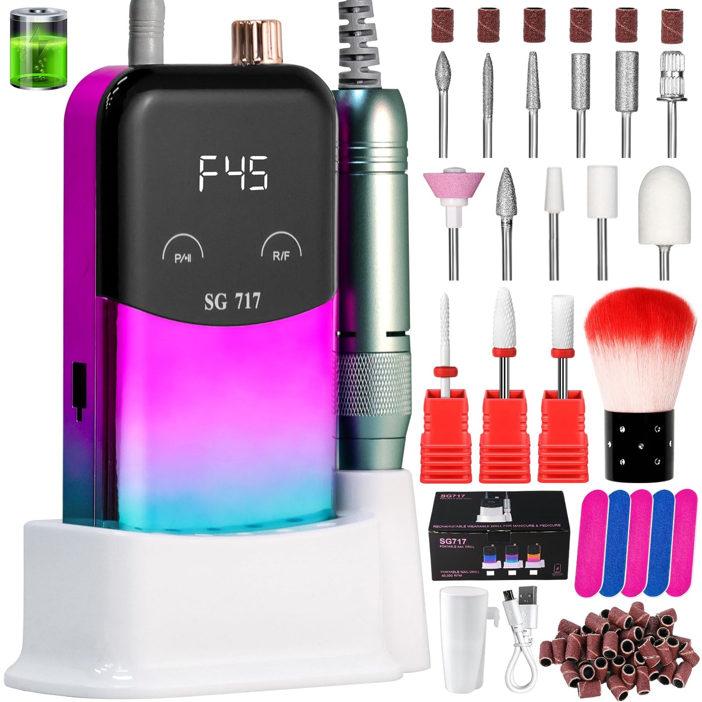 LIMEGIRL Professional Electric Nail File Drill Bits Kit 45000RPM for Acrylic Toenail Machine Clippers with 14 Drill Bit Gradient Green Portable Rechargeable Cordless