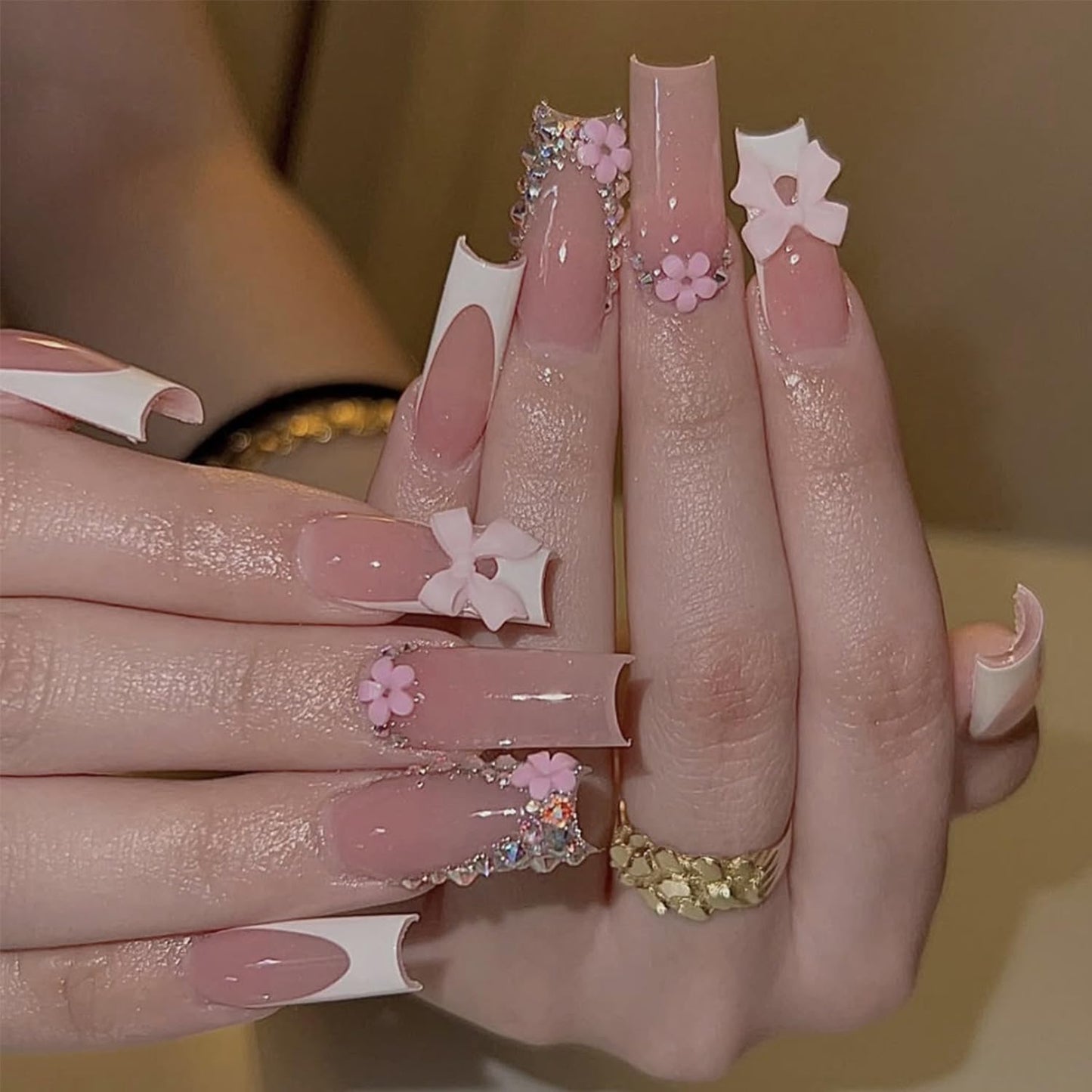 French Tip Press-On Nails - Short Square Acrylic Full Cover | 24pcs Reusable Nude Design for Women
