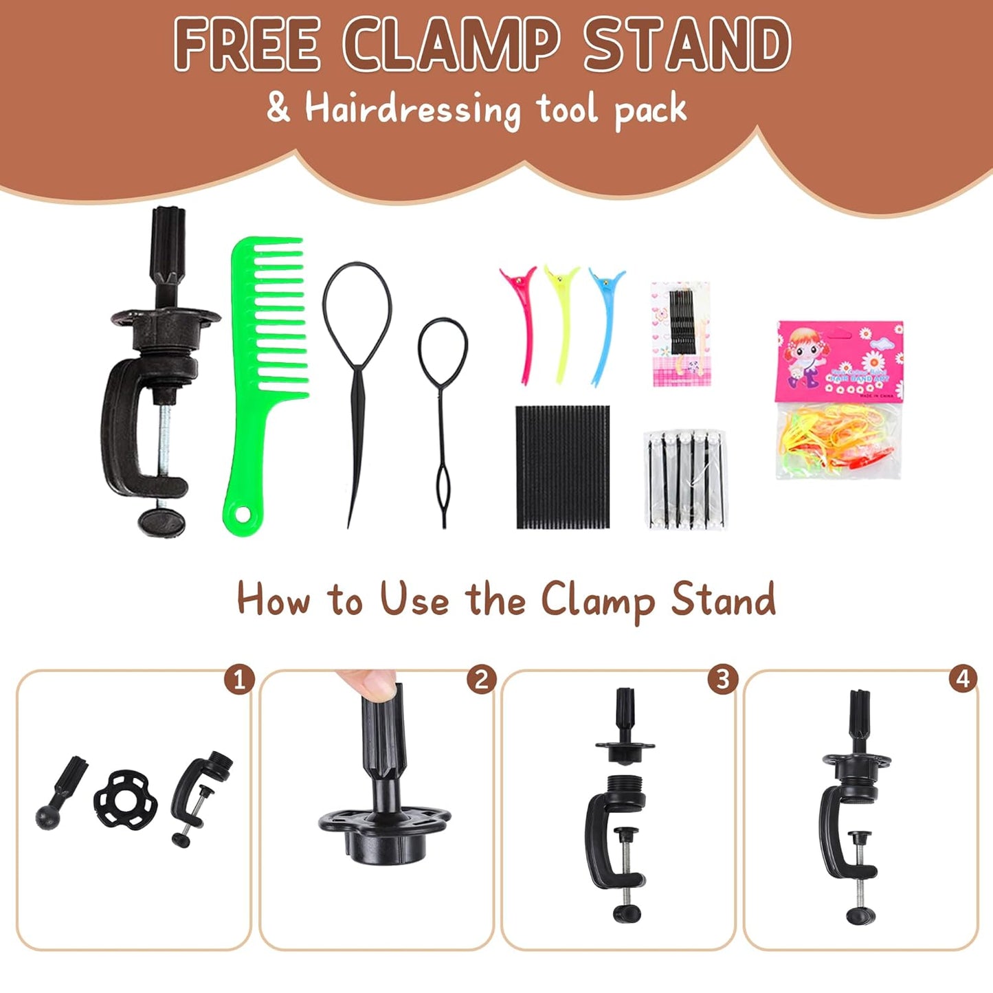 Human Hair Mannequin Head - 22"-24" Cosmetology Training Head with Tripod Stand & Clamp Holder for Styling, Braiding, Cutting