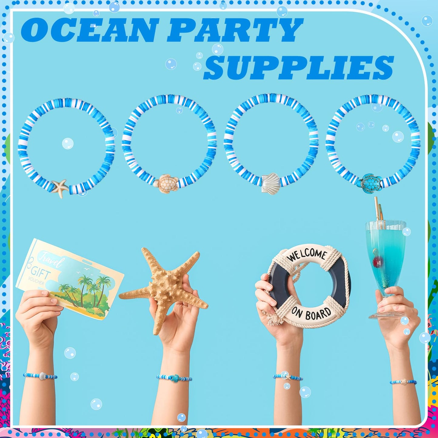 Huquary 24 Pcs Under the Sea Party Favors Ocean Polymer Clay Beaded Bracelets Bulk Shell Turtle Starfish Ankle Bracelets for Under the Sea Themed Birthday Summer Beach Party Supplies