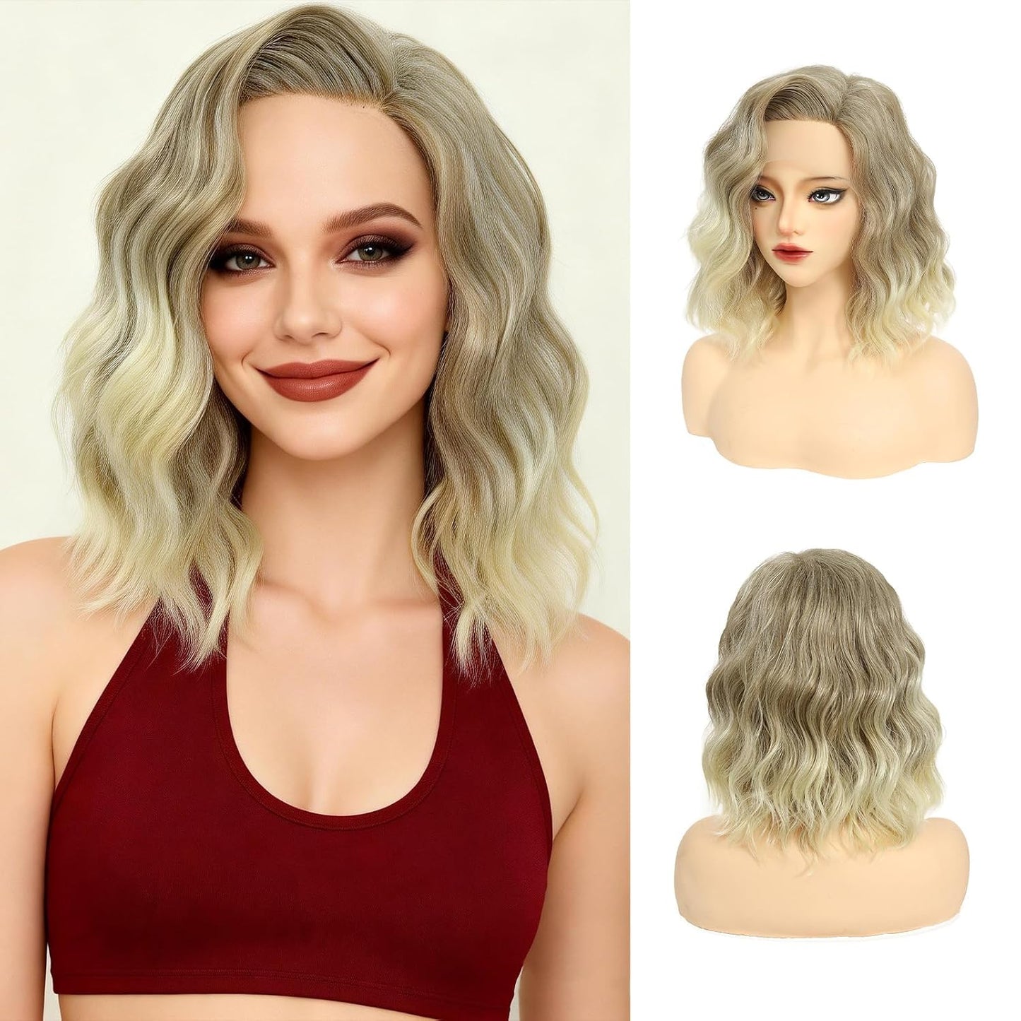Wavy Bob Wig for Women - Short Brown Highlight Synthetic Hair | 14 Inch Lace Front for Daily Wear & Cosplay