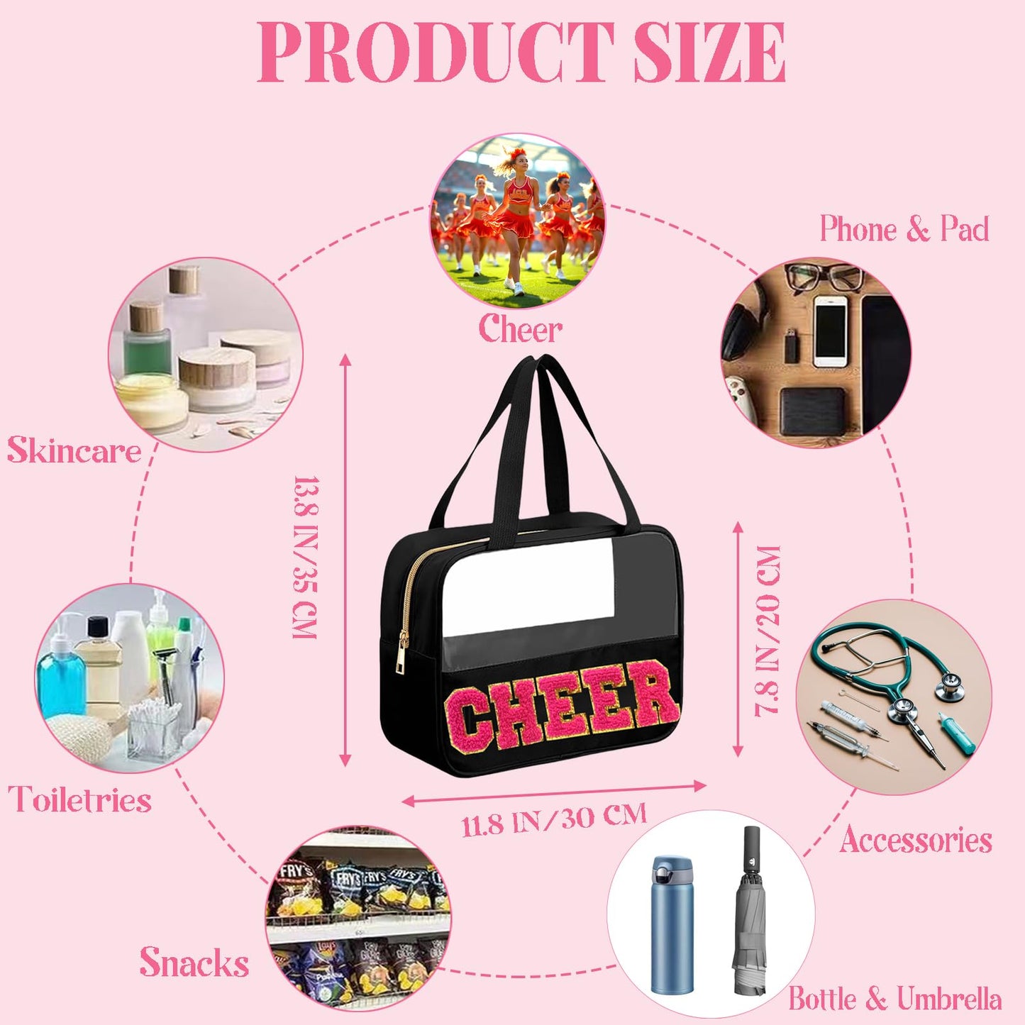 JOJOPOLLO Chenille Pink Letter Cheer Bag Cheerleader Gifts for Team Women Girls Cheer Stuff Accessories Makeup Bag with Handle and Zipper, Cheer Gifts