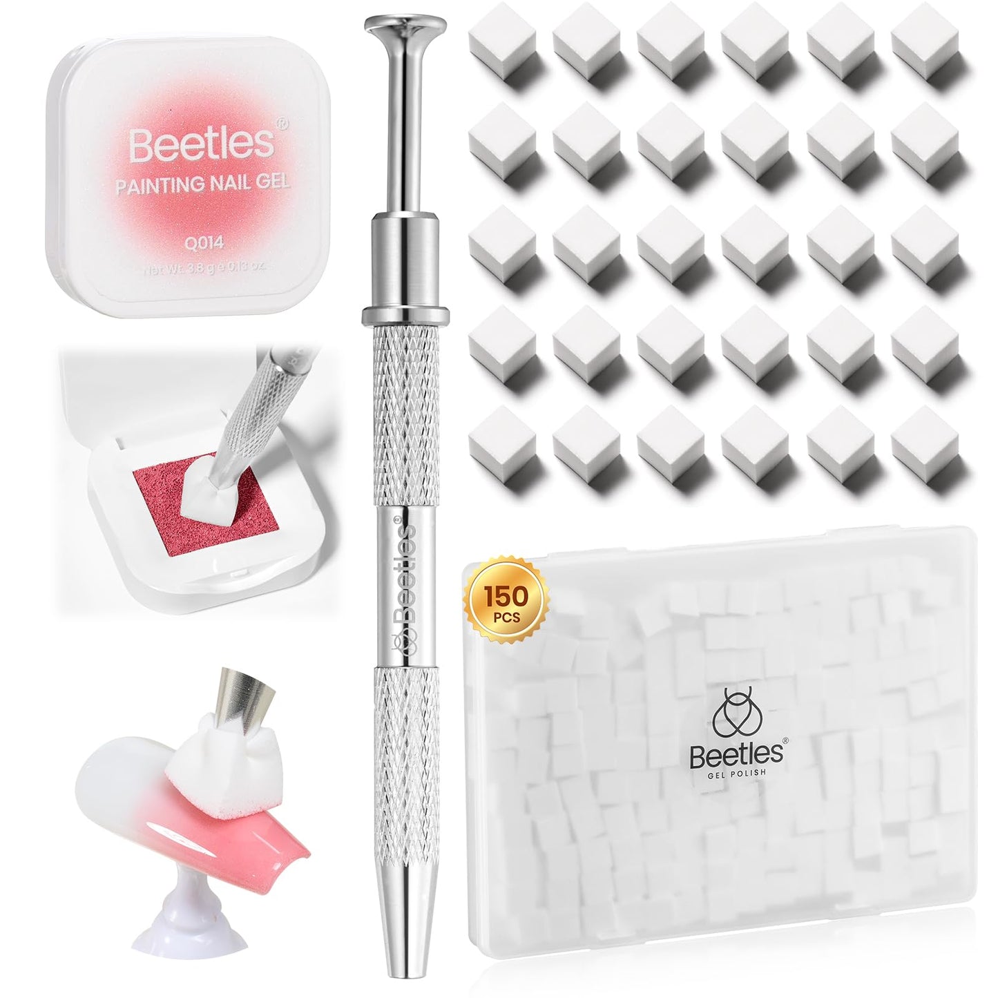 Beetles 150Pcs Soft Nail Sponges for Ombre, White Nail Sponge with Grabbing Pen, Pink Pat Painting Gel Polish Kit for Gradient Ombre Blush Chrome Design Nails Art Tools, Home DIY Salon Manicure