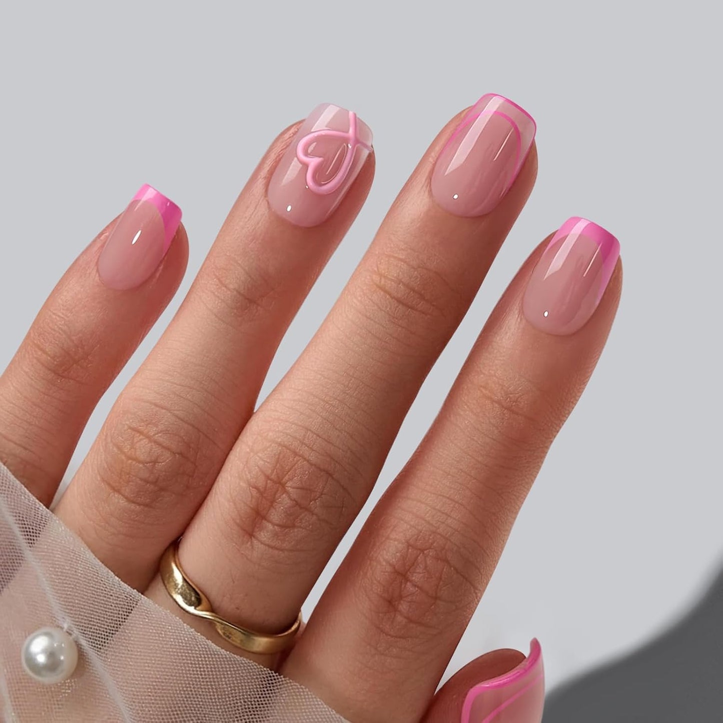 French Tip Press On Nails - Easy-to-Apply White Flower Almond Design | 32 Nails in 16 Sizes with Glue & Adhesive Tabs
