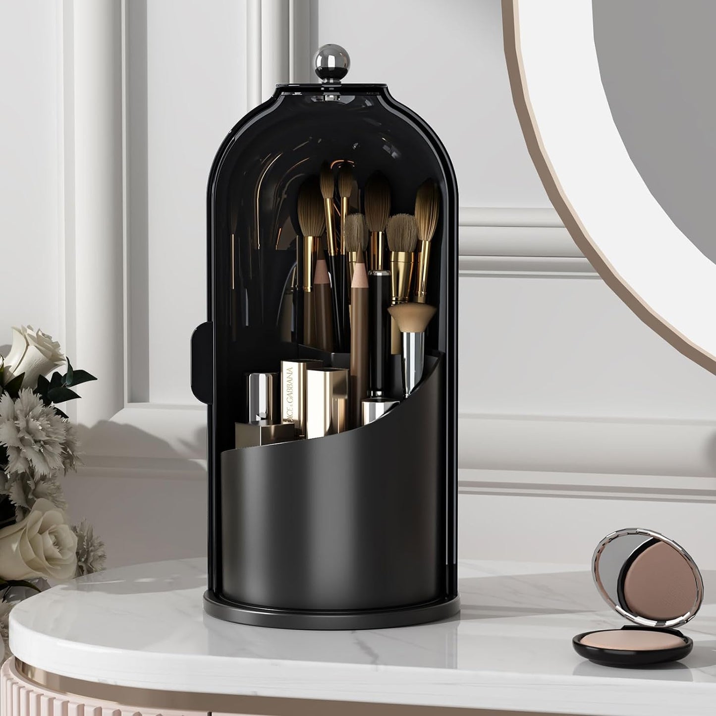 Makeup Brush Holder - 360 Rotating Clear Organizer with Lid for Vanity & Bathroom Countertop | Dustproof Design