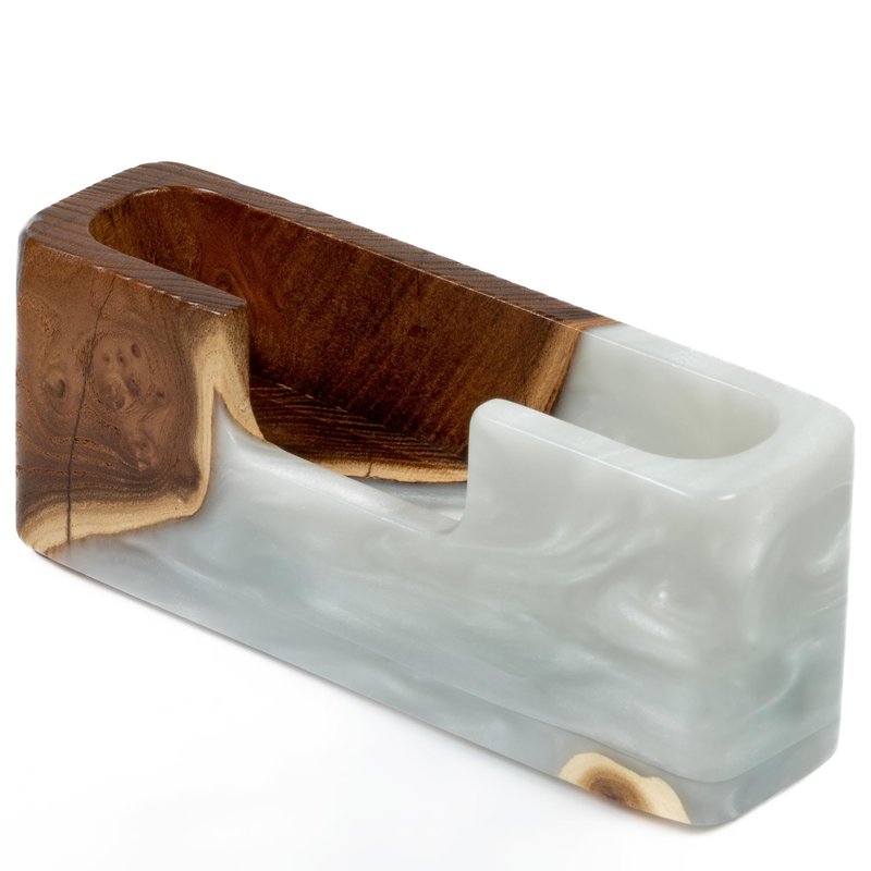 RWA Business Card Holder – Luxury Square Desk Organizer, Stylish Office Decor, Slim Card Holders - Wood & Epoxy Card Display Stand for Men and Women, Office Desk Accessories - SMART, platinum