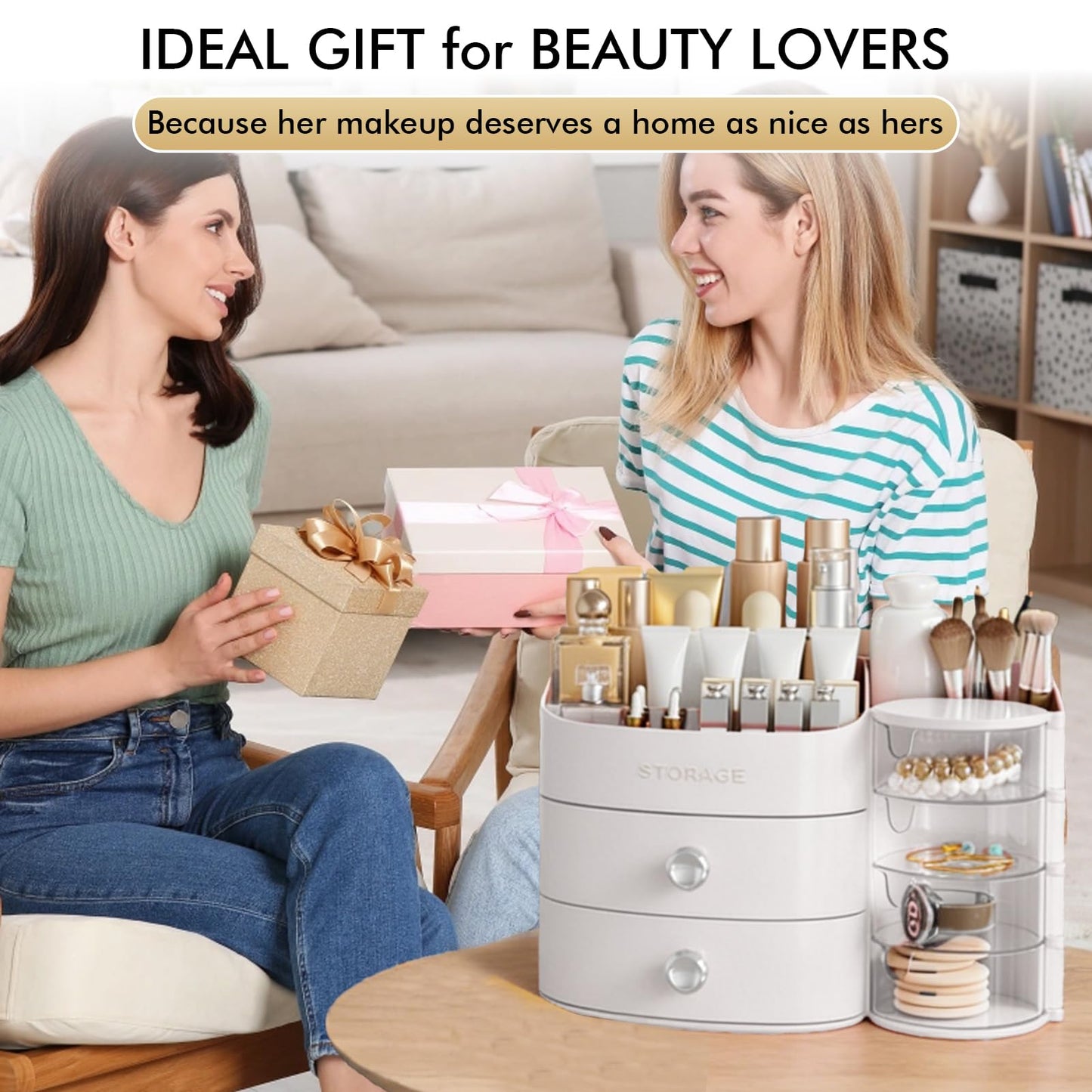 Makeup Organizer Countertop with Drawers, Make up Organizers for Vanity, Skincare Jewelry Earring Organizers, Cosmetic Display Cases Makeup Storage for Bedroom & Bathroom, Ideal Gifts for Women(White)