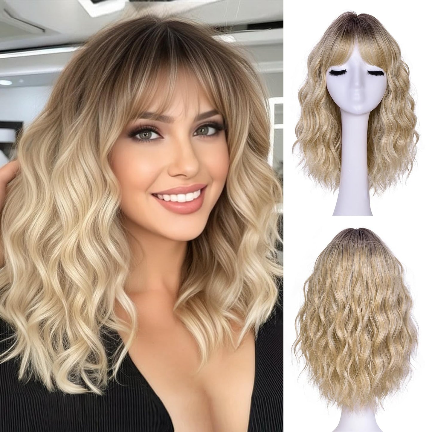 Short Wavy Wig with Bangs - Natural Curly Synthetic Hair for Women | 14-Inch Brown with Blonde Highlights