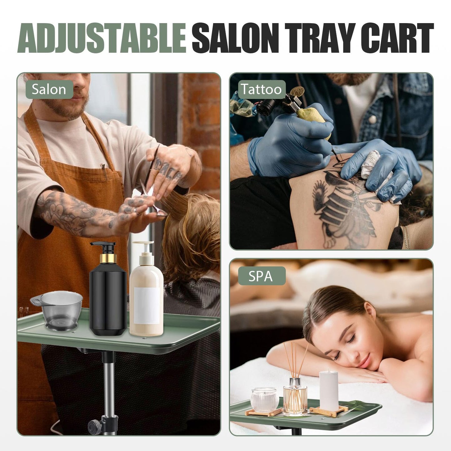 Salon Tray On Wheels Tattoo Tray Rolling Trolley Adjustable Height Storage Utility Cart for Clinic Spa Rolling Tray (Black) (Green)
