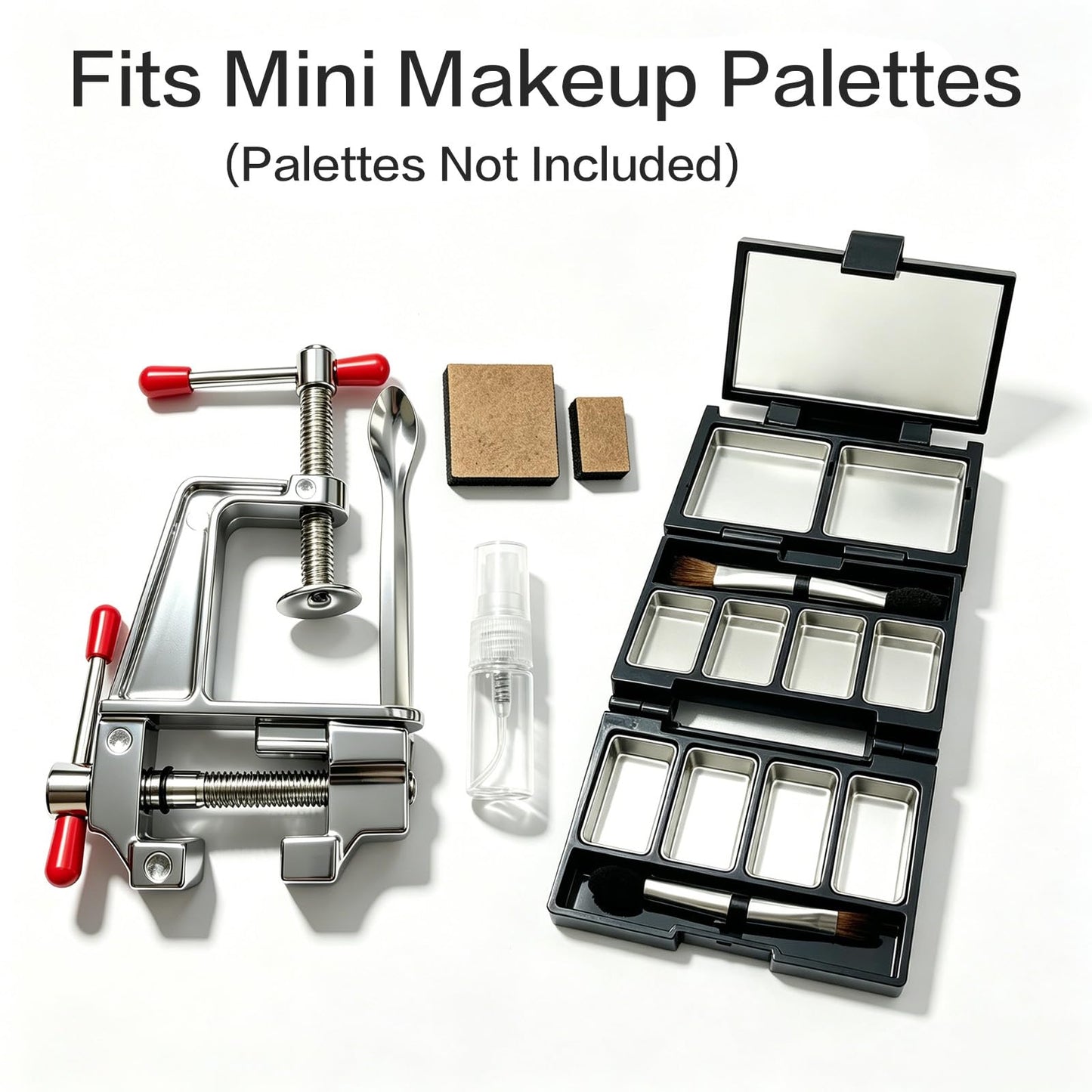 DIY Makeup Kit with Mini Aluminum Clamp 5" x3 1/2", Stamping Tools for Mini Palettes, Micro Scoop Spoon & 3ml Water Spray Bottle – Powder Palette Accessories for Home DIY