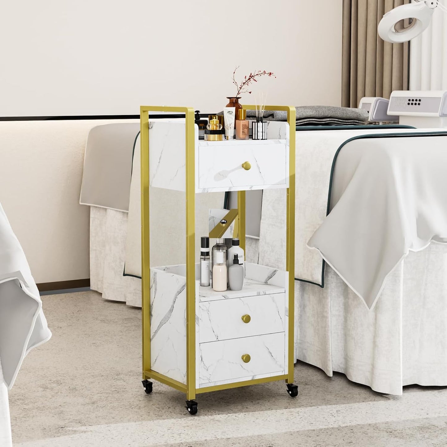 OmySalon Salon Trolley Cart - Mobile Beauty Spa Organizer with 3 Drawers & 2 Trays | White Marble Finish