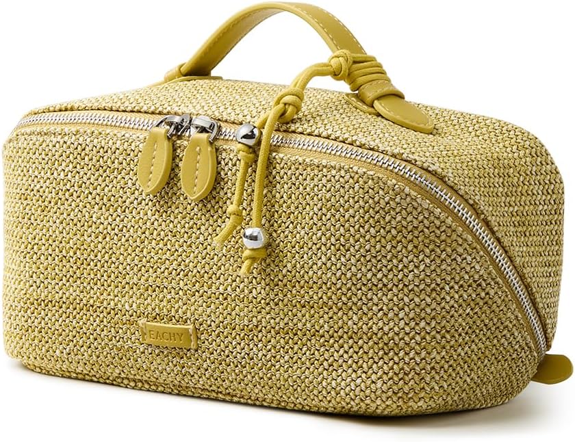 Travel Makeup Bag - Woven Toiletry Organizer with 180° Wide-Open Design | Large Capacity with Divider & Handle