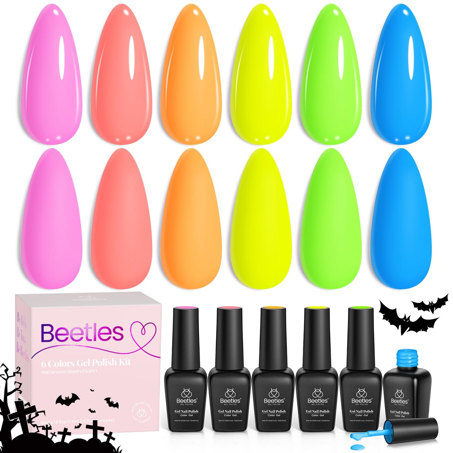 Beetles Neon Gel Nail Polish - Neon Lights, Bright Rainbow Collection, 6 Colors Hot Pink Blue Yellow Green Summer Gel Nail Polish Set, Soak Off UV LED Summer Nails Art, Manicure Salon DIY Home