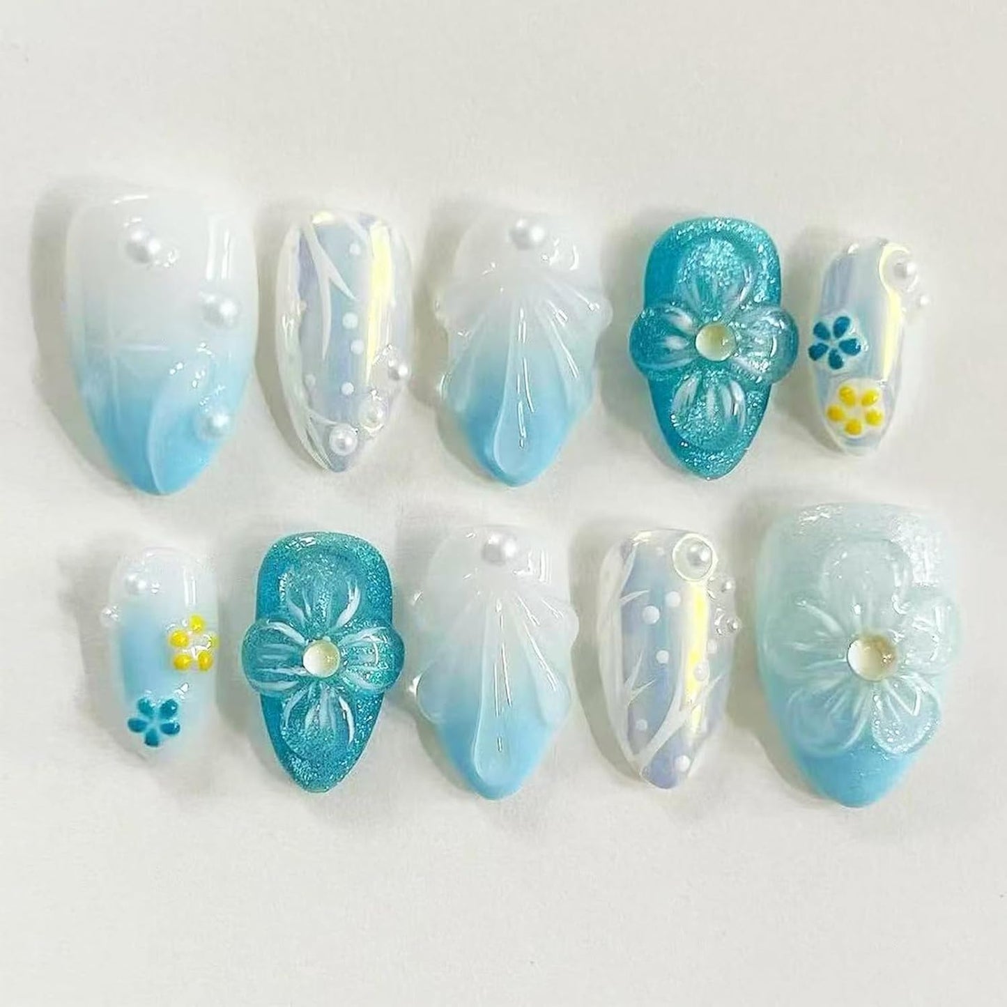 30Pcs Handmade Press-On Nails | Medium Almond 3D Ocean Wave Blueberry Floral Design with Pearls & Rhinestones