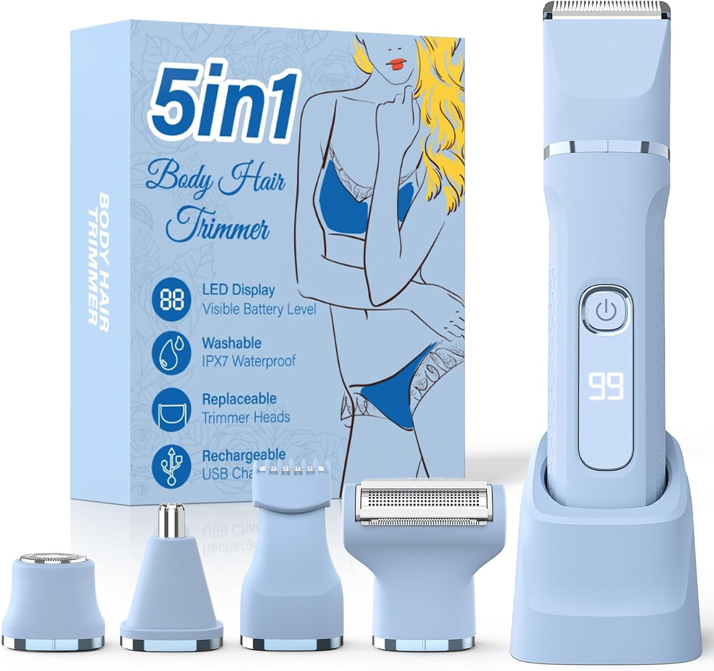 Bikini Trimmer for Women - 5-in-1 Electric Razor with IPX7 Waterproof Design | Pink, USB Rechargeable