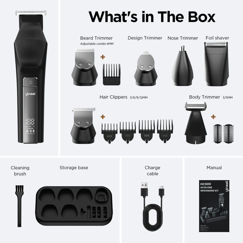 Yineel HC600 Beard Trimmer for Men, All-in-One Cordless Grooming Kit, Waterproof Electric Razor & Hair Clipper for Face Mustache Body Nose Hair Trimming, Precision Blades, Gifts for Men Barber