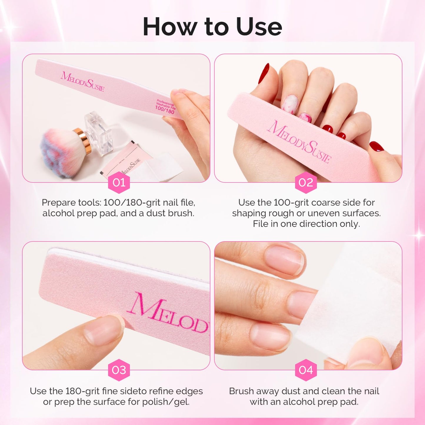 MelodySusie 10Pcs Nail Files 100/180 Grit, Mixed-Shape Double Sided Emery Boards Bulk Pack for Acrylic, Gel and Natural Nails, Professional Manicure Pedicure Shaping Tools for Home Salon, Pink