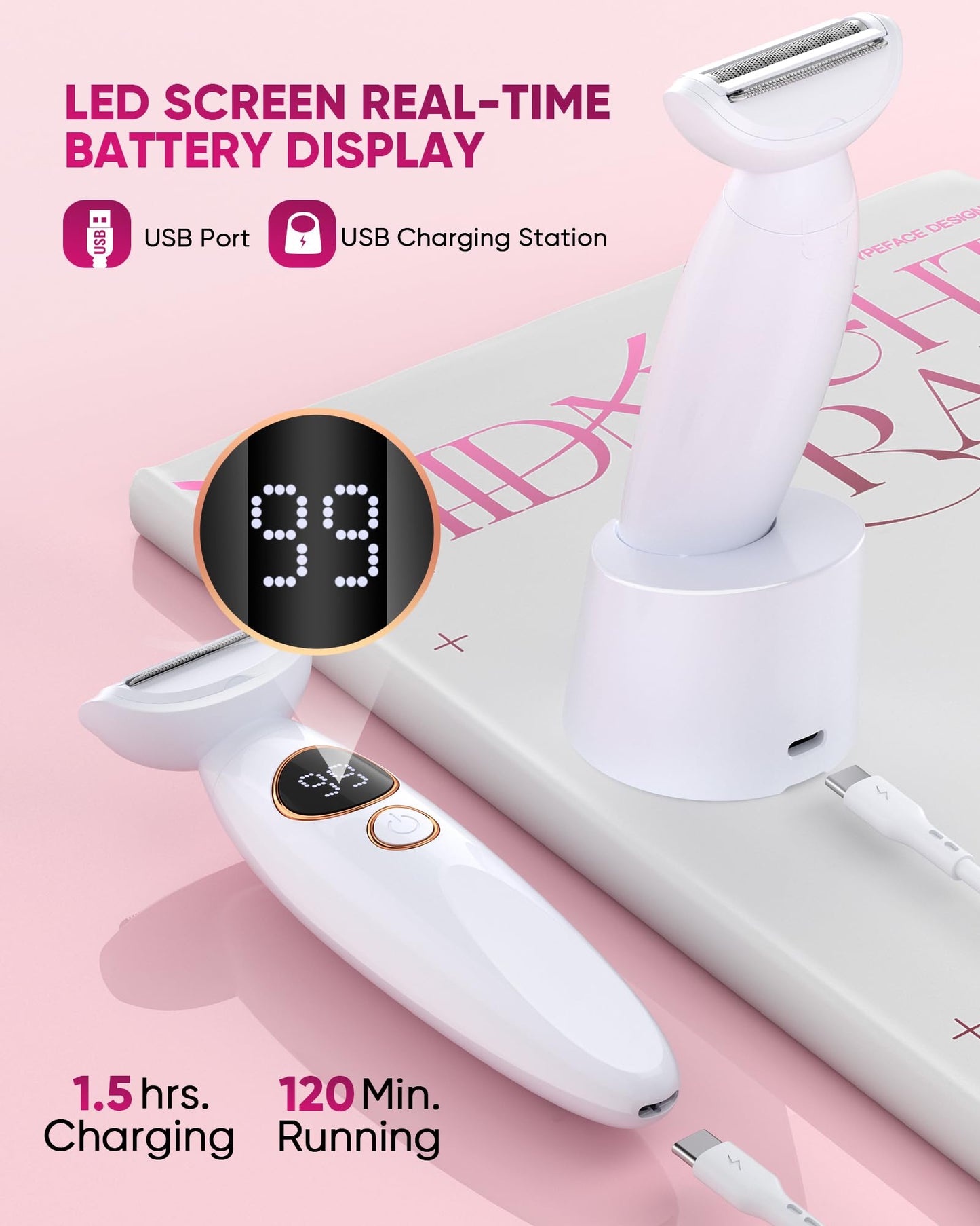 Shaver for Woman for Face, IPX7 Waterproof,White,3 in 1 Bikini Trimmer for Women, Electric Razors for Women with Display, Painless Bikini Trimmer, USB Charging, Electric Shaver for Woman