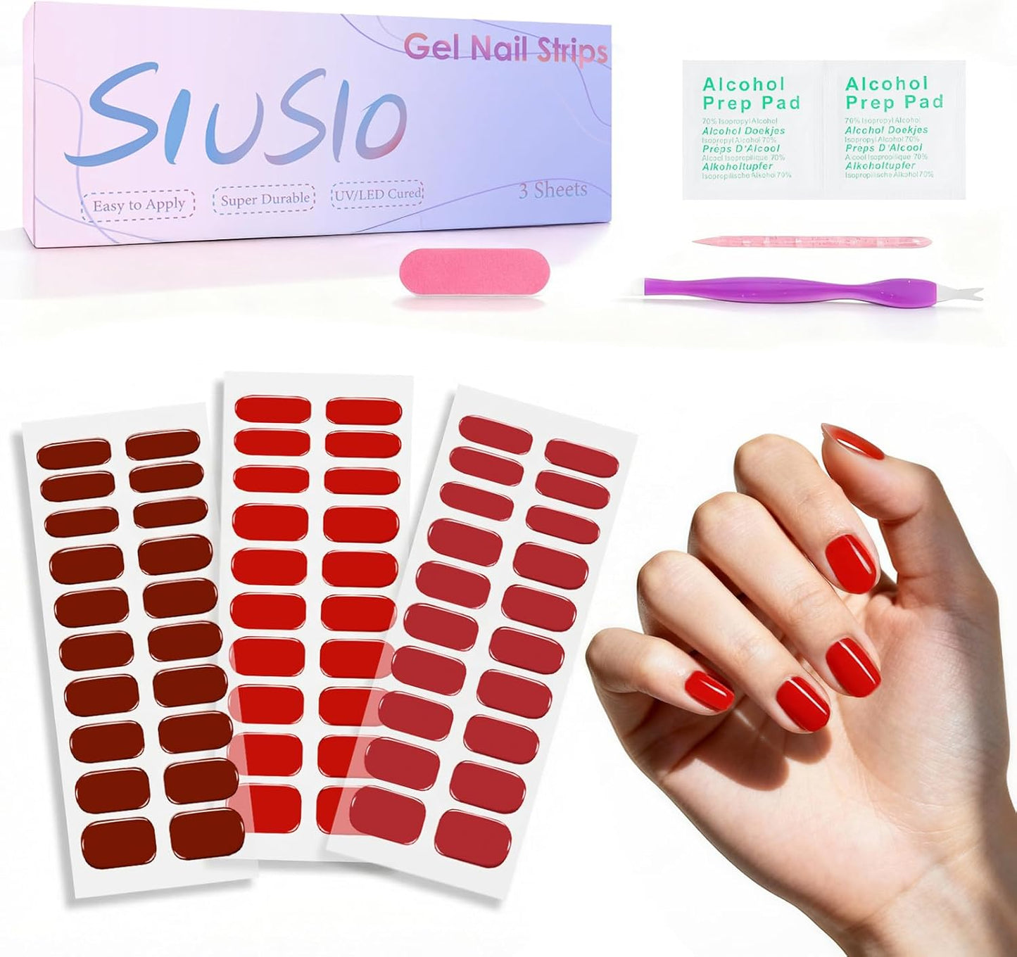 Burgundy Red Gel Nail Strips - 3pcs Semi-Cured UV Press-On Wraps with Gold Glitter | Easy Apply & Remove for DIY Nail Art