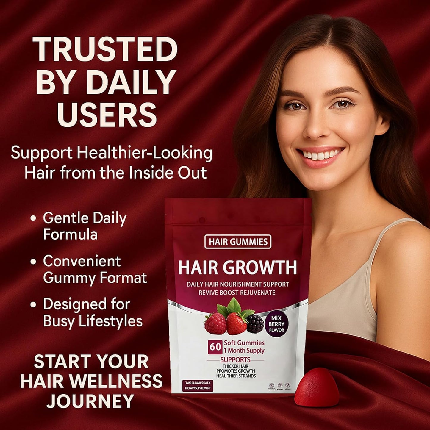 Lumin Hair Growth Gummies - Biotin & Collagen for Thicker Hair | Mixed Berry, 60 Count