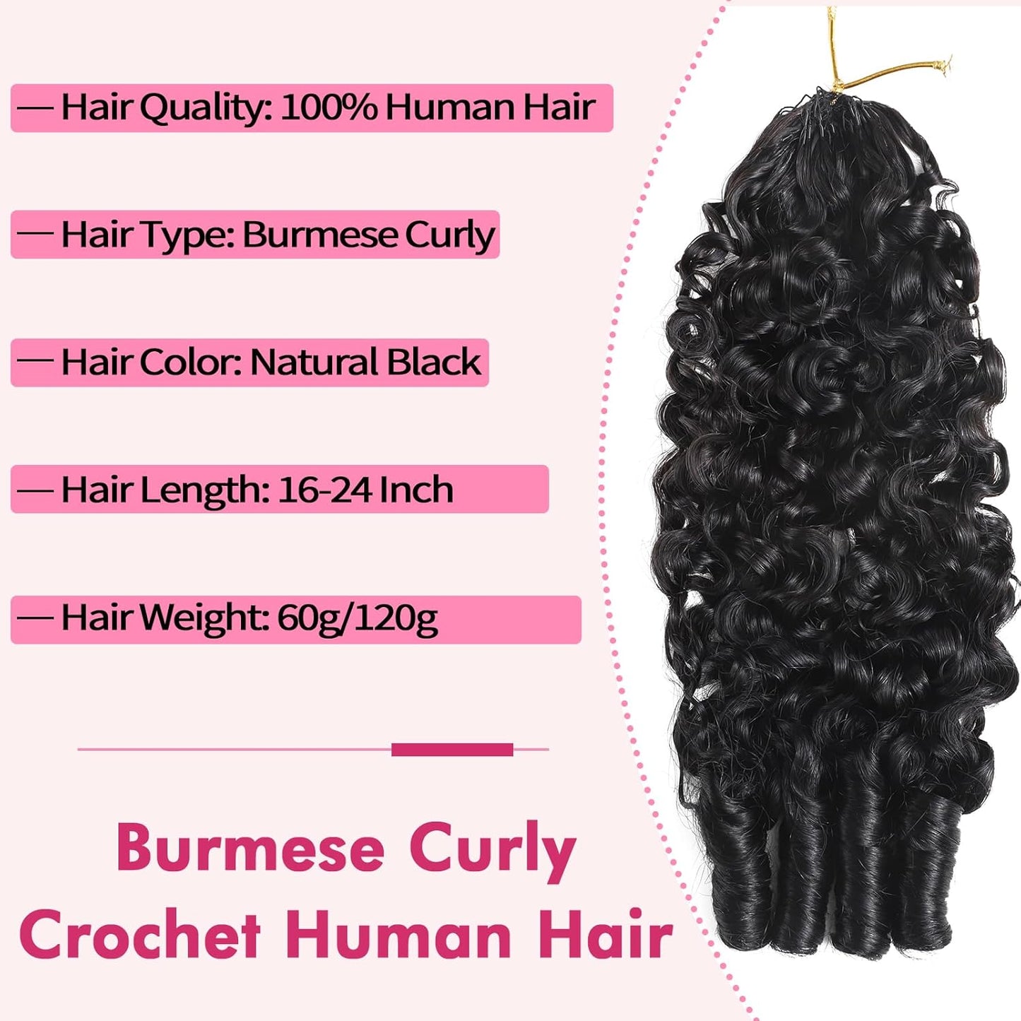 Burmese Curly Crochet Hair Extensions - 20 Inch, 120g, Knotless, Lightweight Remy Hair in Natural Black