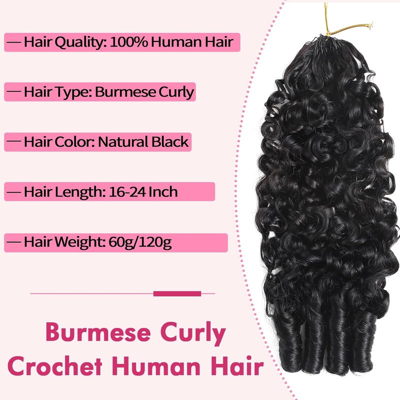 Burmese Curly Crochet Hair Extensions - 20 Inch, 120g, Knotless, Lightweight Remy Hair in Natural Black