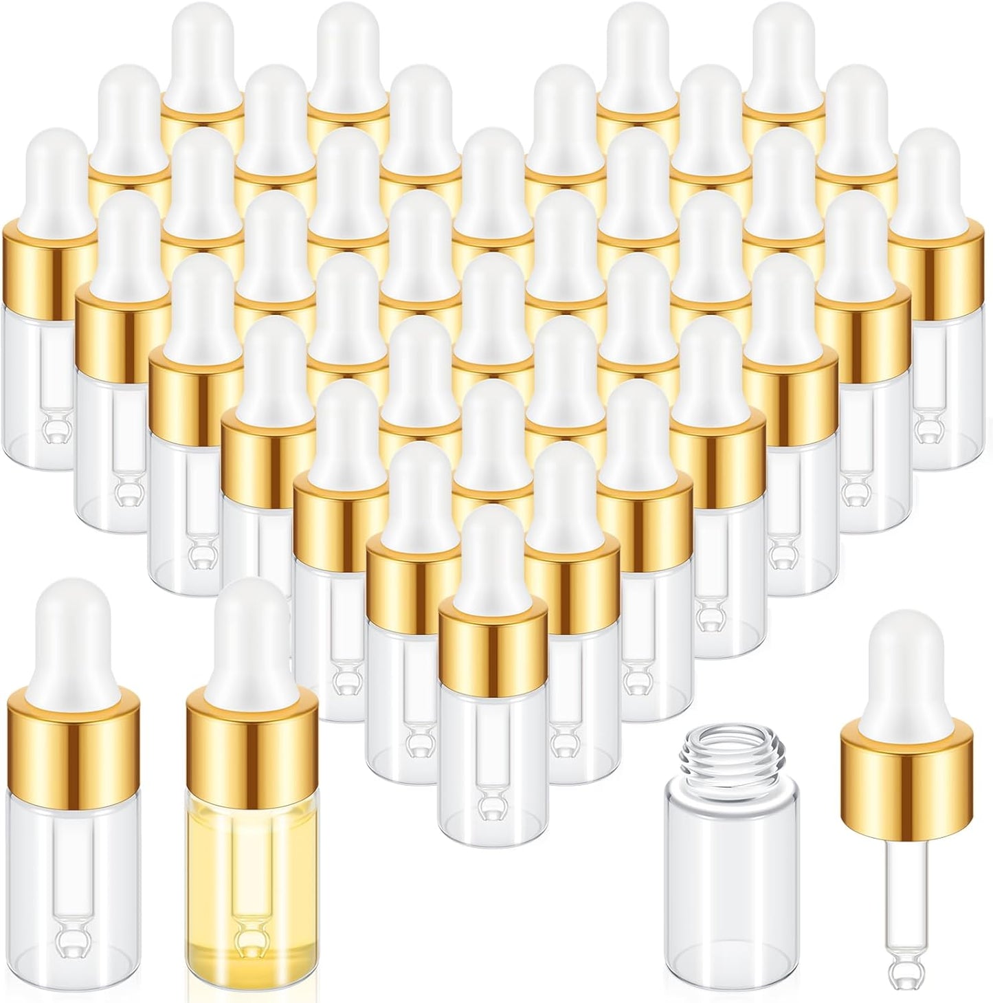 Mini Glass Oil Dropper Bottles - 100 Pcs 1 ml Clear Essential Sample Containers | Travel-Friendly Perfume Vials with Caps