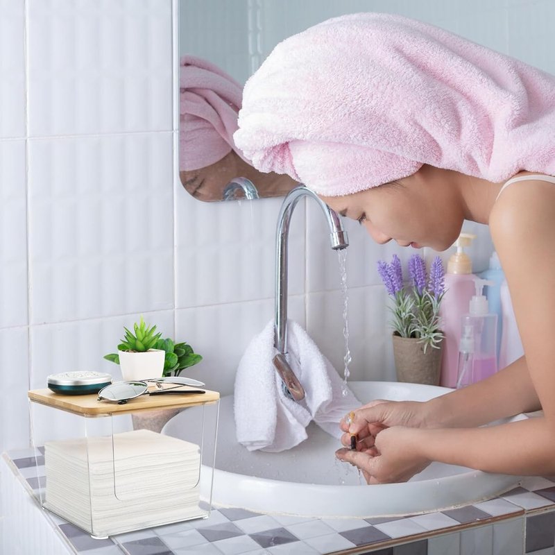 Acrylic Face Towel Holder - Upgrade Large Disposable Facial Towels Storage Box with Bamboo Lid | Bathroom Vanity Organizer