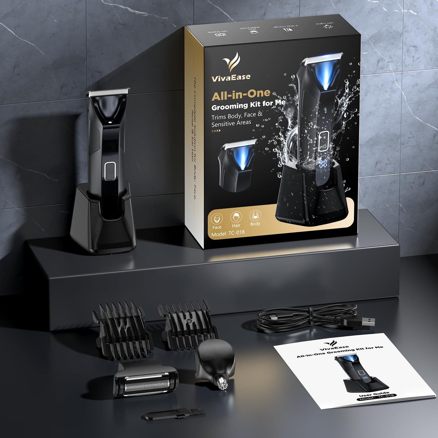 VivaEase Manscape Body Hair Trimmer for Men, 3-in-1 IPX7 Waterproof Groin & Ball Shaver, Electric Razor Mens Grooming Kit, Rechargeable Cordless with SkinSafe Ceramic Blade & Nose Hair Attachment