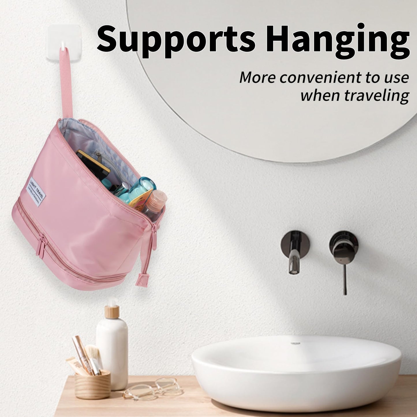 Haokuaile Hanging Travel Toiletry Bag for Women, Makeup Bag, Compact, sturdy, Lightweight, Waterproof, Simple and Practical, Functions As Both Cosmetic Organizer And Toiletry Bag (Woman, Pink)