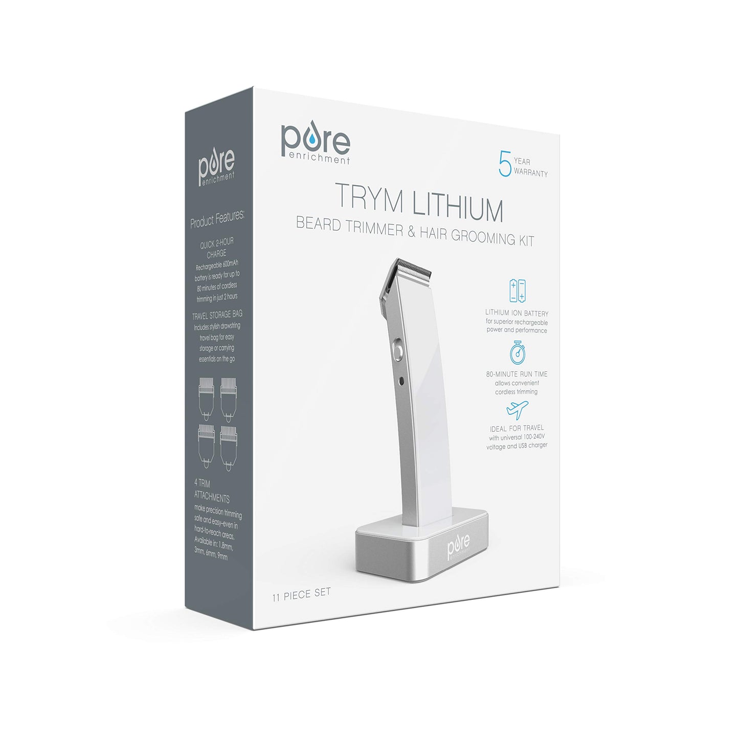 Pure Enrichment TRYM Lithium Rechargeable Beard Trimmer - 11-Piece Grooming Kit with Cordless Use, Charging Dock, 4 Trim Attachments, Cleaning Brush, Clipper Oil, and Drawstring Travel Bag (White)