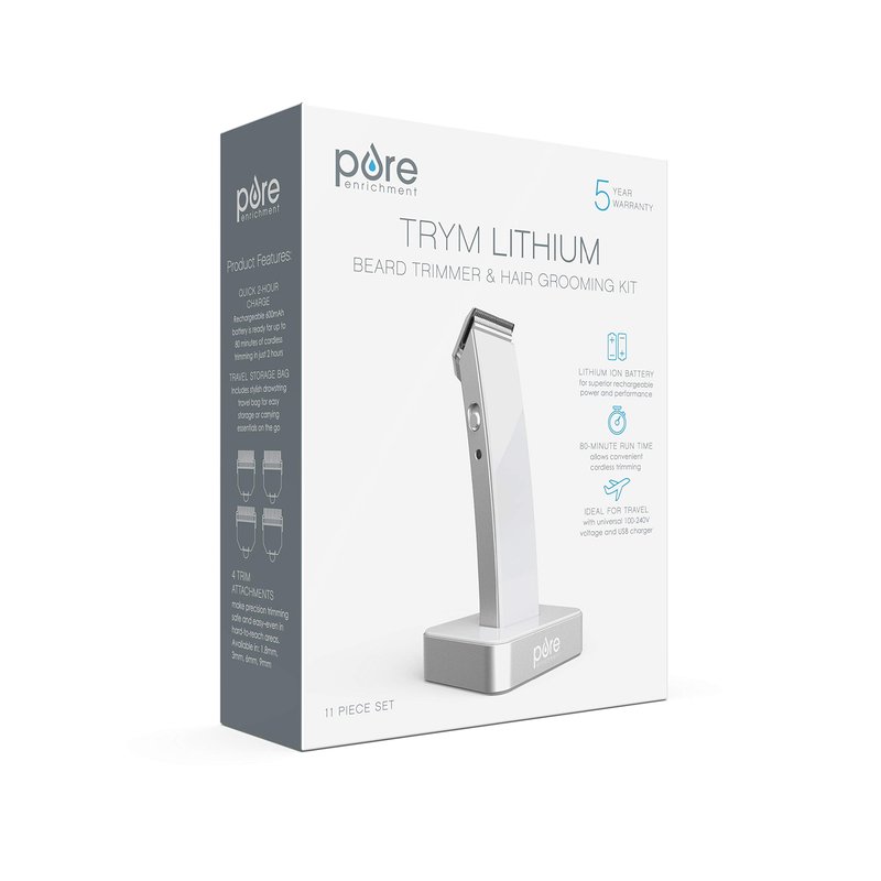 Pure Enrichment TRYM Lithium Rechargeable Beard Trimmer - 11-Piece Grooming Kit with Cordless Use, Charging Dock, 4 Trim Attachments, Cleaning Brush, Clipper Oil, and Drawstring Travel Bag (White)