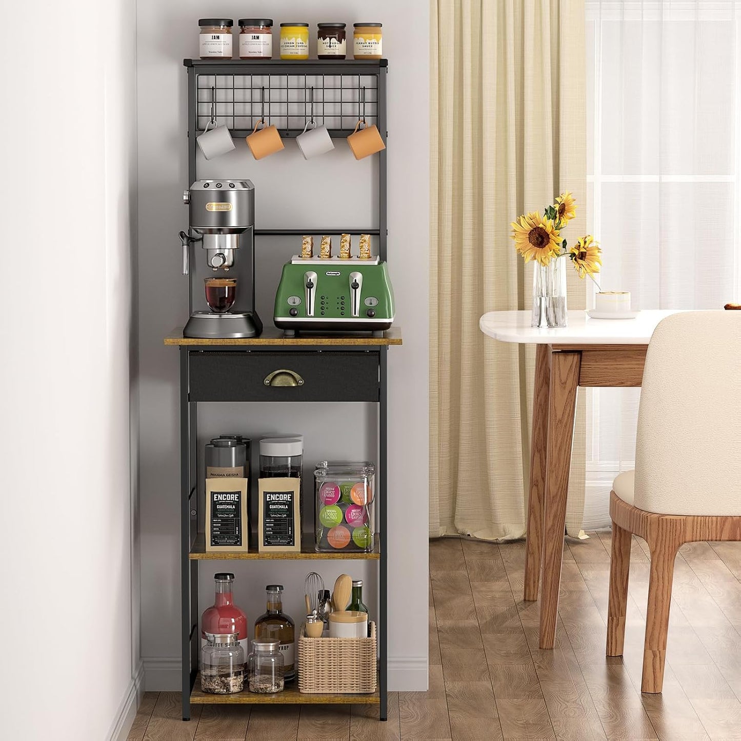 5 Tier Coffee Bar Station - Farmhouse Kitchen Stand with 4 S-Shaped Hooks | Compact Gray 13.43"D x 18.93"W x 53.31"H