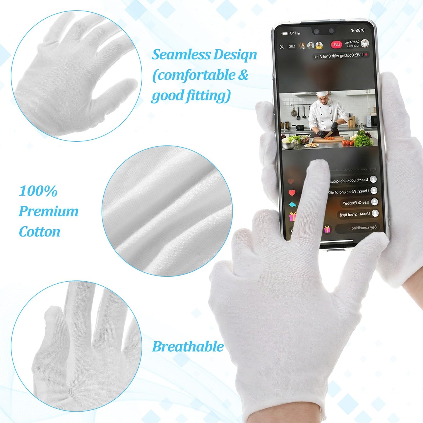 Nogeqi 4 Pairs White Cotton Gloves for Dry Hands Sleeping Women Stretchy Thin Cotton White Gloves Eczema, Hand Glove Moisturizing Overnight for Dry Hand, Eczema, Hands Spa, Jewelry Inspection