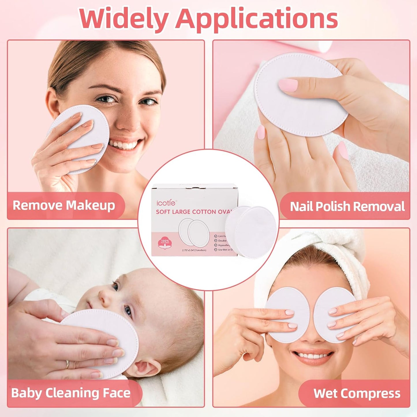 Ultra-Soft Oval Cotton Pads - 100% Cotton Makeup Remover | Large 100 Count for Cleansing & Toner Application