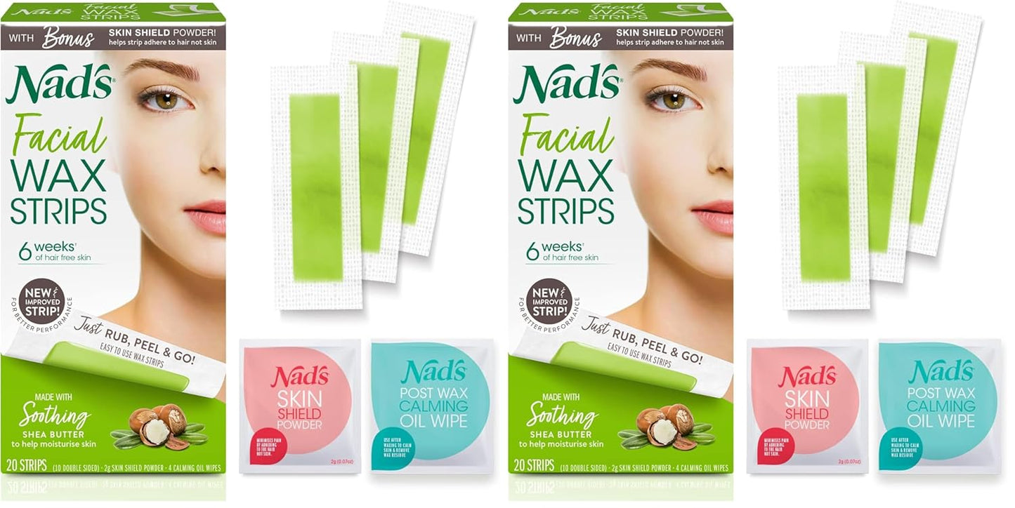 Nad's Facial Wax Strips - Hypoallergenic Facial Hair Removal Kit for Women | 20 Wax Strips + 4 Calming Wipes + Skin Protection Powder