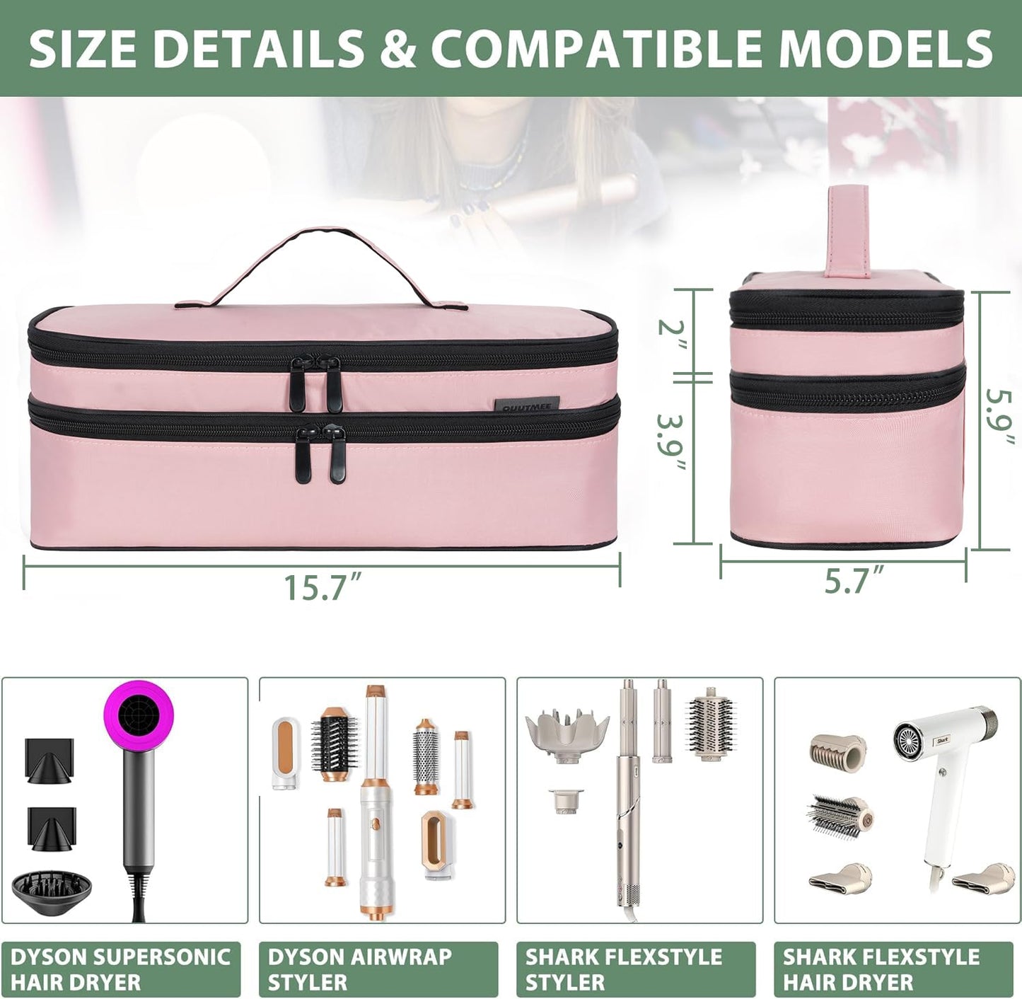 OUUTMEE Travel Carrying Case Compatible with Shark Flexstyle,Storage Case for Revlon One-Step Hair Dryer and Volumizer Hot Air Brush Portable Organizer Bag for Dyson Airwrap Styler,Pink,15 IN