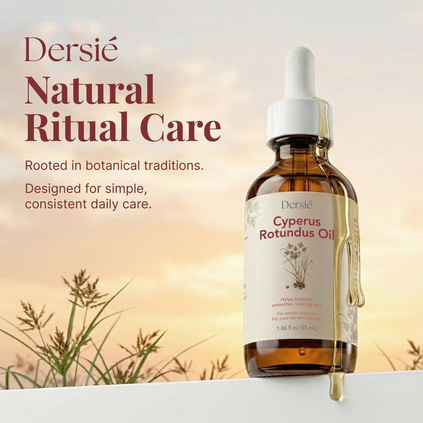 Dersie Cyperus Rotundus Oil: Cyperus Rotundus Oil for Hair Removal – Natural Hair Growth Inhibitor for Unwanted Face & Body Hair Reduction – Soothing Daily Skin Oil with Post-Hair-Removal Care (55 mL)