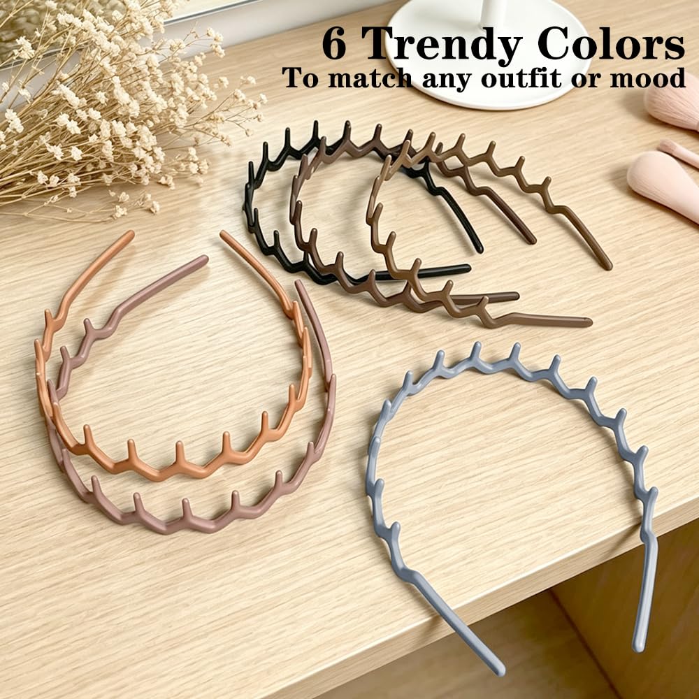 Zig Zag Headbands for Women - Non-Slip Plastic Hair Bands | 6 Pack 90s Retro Style Accessories