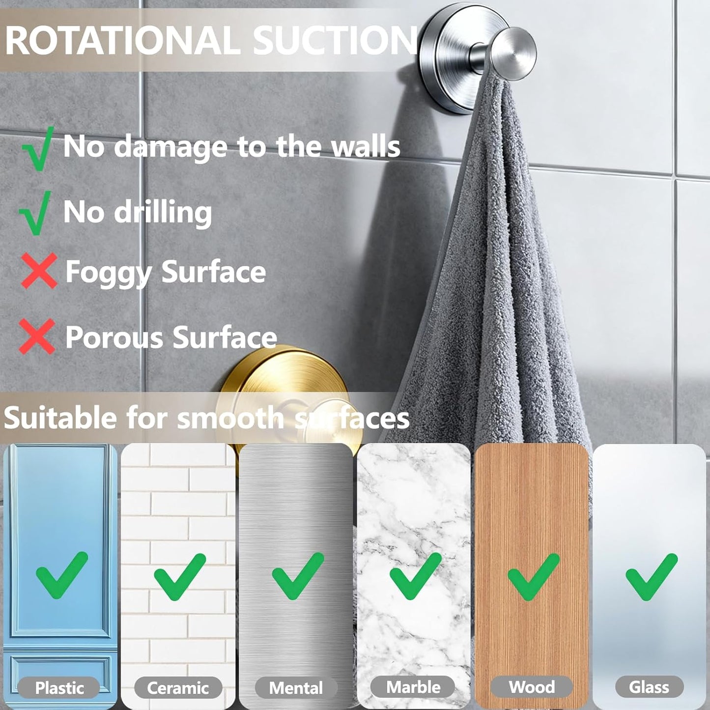 Upgraded Drill-Free Suction Cup Hooks - Stainless Steel Bathroom & Kitchen Towel Hangers | 4 Pack (Black)