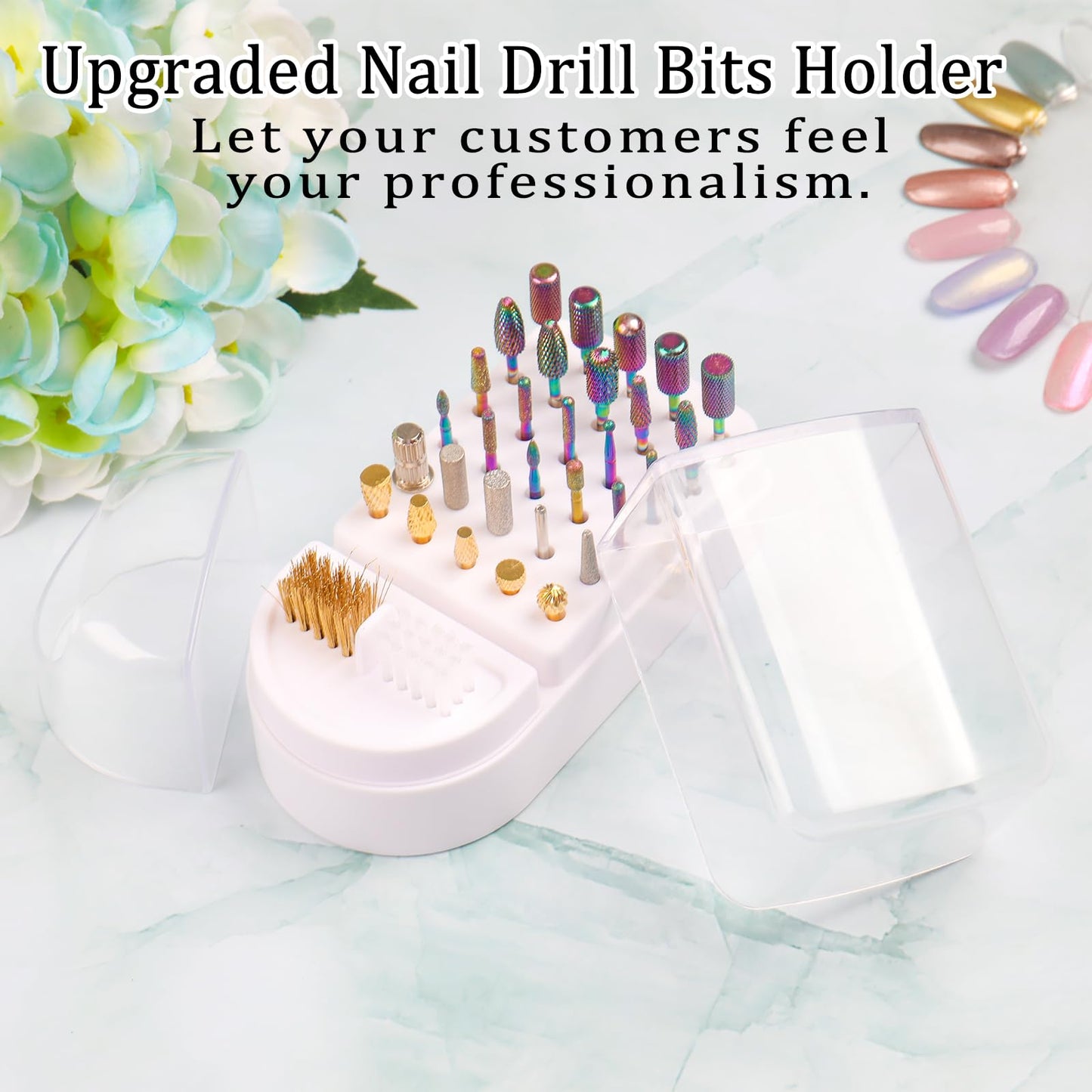 Nail Drill Bits Holder 2 in 1 Nail Drill Bits Cleaning Brush Case, 30 Holes Dustproof Acrylic Nail Drill Holder Storage Box, Nail Drill Bit Holder Stand Displayer Organizer for Home Salon Use (White)