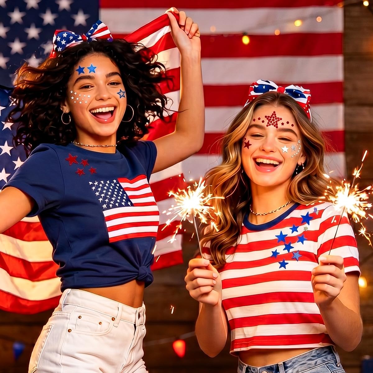 Permcoly 4th of July Rhinestone Stickers, Patriotic Self Adhesive Star Face Gem Stickers for Independence Day Decorations, Face Body Jewels for Women Kids, DIY Crafts Party Supplies Red White Blue