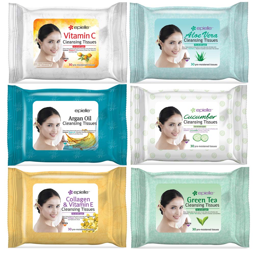 Epielle Gentle Skin Cleansing Wipes - Vitamin C, Aloe Vera & Green Tea | 6 Pack, 30 Count Each, Alcohol-Free, Hypoallergenic