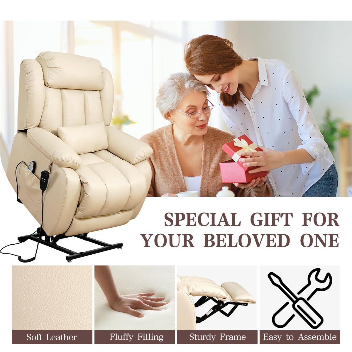 Infinite Position Lay Flat Lift Recliner Chair for Adults, Dual Motor Power Lift Chair for Elderly with Massage & Heating, Extended Footrest, USB Ports, Remote Control & Lumbar Pillow, Leather (Beige)