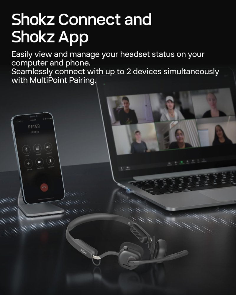 SHOKZ New OpenMeet - Open-Ear Bluetooth Computer Headset, Noise Cancelling Mic + Mute Button, Bluetooth 5.4 Compatible with PC & Mac, Wireless Work Headphones, Customizable Fit, Smart App - C610