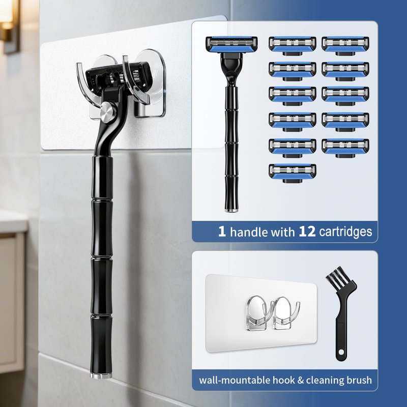 FYNEDGE Men's Razor Blade Refills, 12 Count, 3-Layer Ceramic Coated Blades with Lubricating Strip, Matching Handle, Wall Hook & Cleaning Brush Included for Smooth Shaving