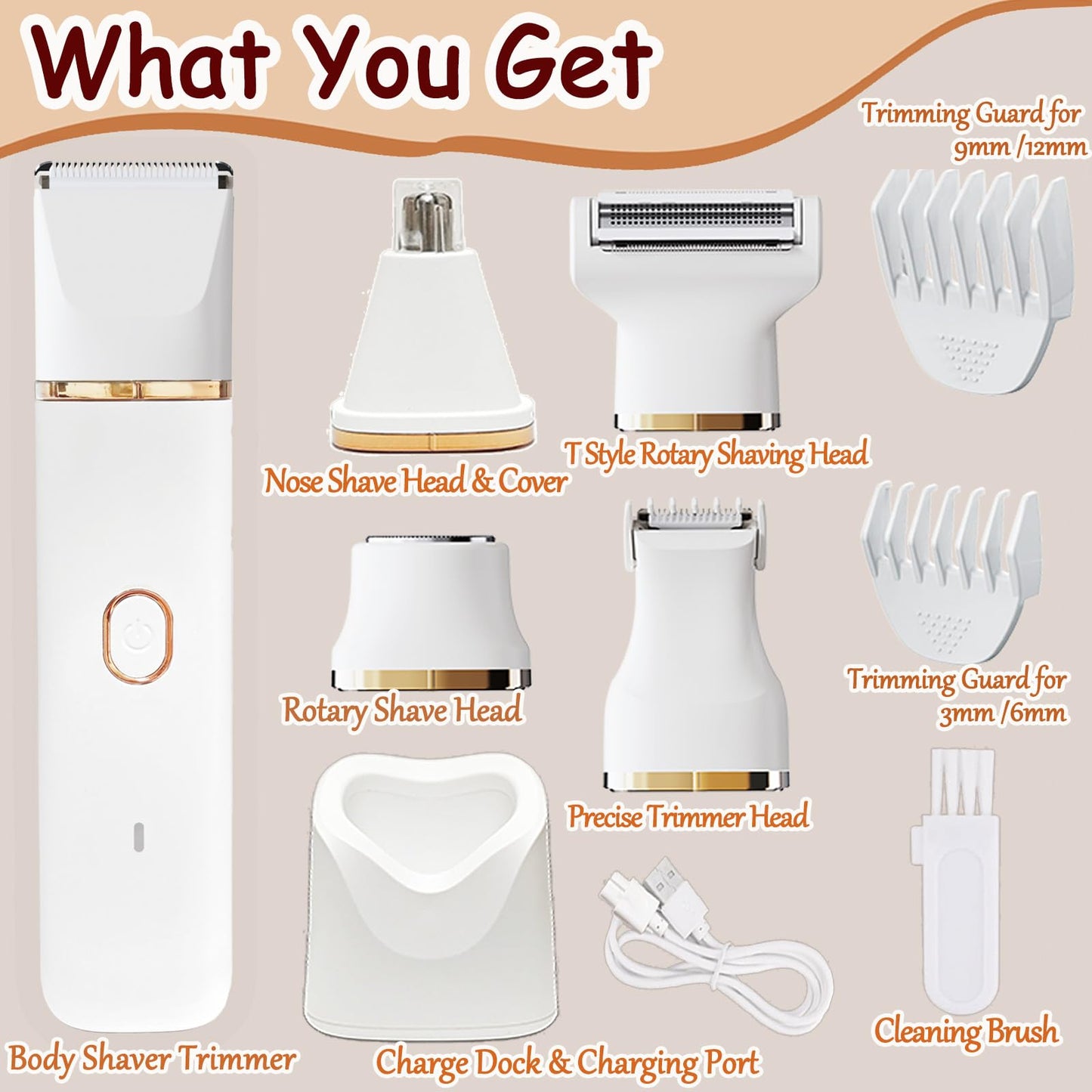 Bikini Trimmer for Women, 5-in-1 Electric Razors Shaver, IPX7 Waterproof Cordless Body Hair Trimmer, Rechargeable Facial & Pubic Hair Remover, Ceramic Blade Bikini Shaver, Gifts for Women (White)